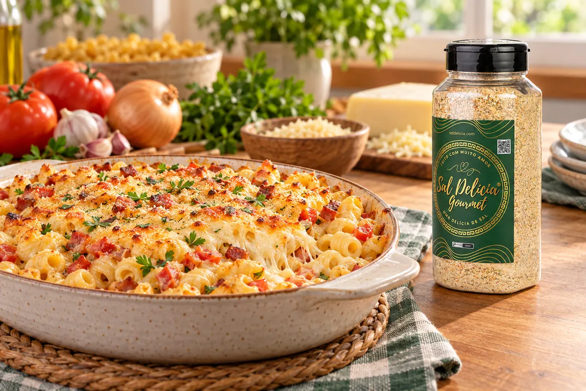 Imagem ilustrativa de macarrão de forno com bacon e muçarela com o frasco de Sal Delícia Gourmet ao lado do prato.
