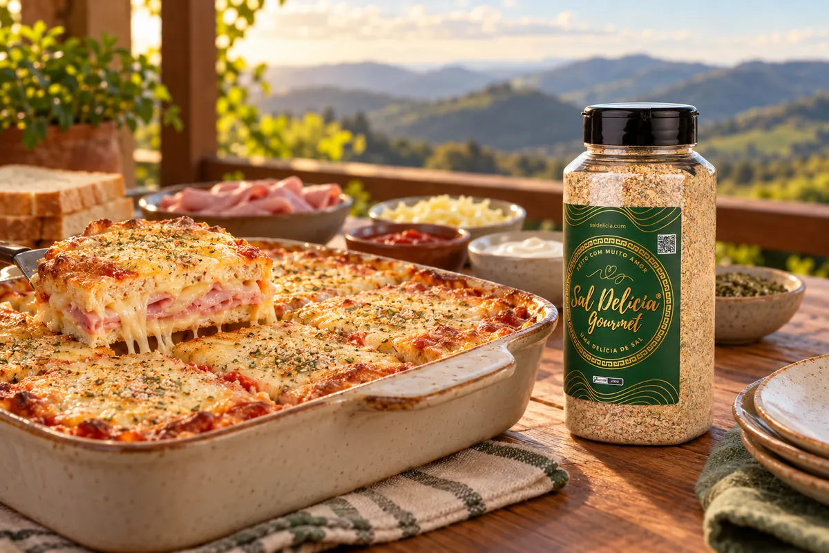Imagem ilustrativa de misto quente gratinado com creme de leite com o frasco de Sal Delícia Gourmet ao lado do prato.