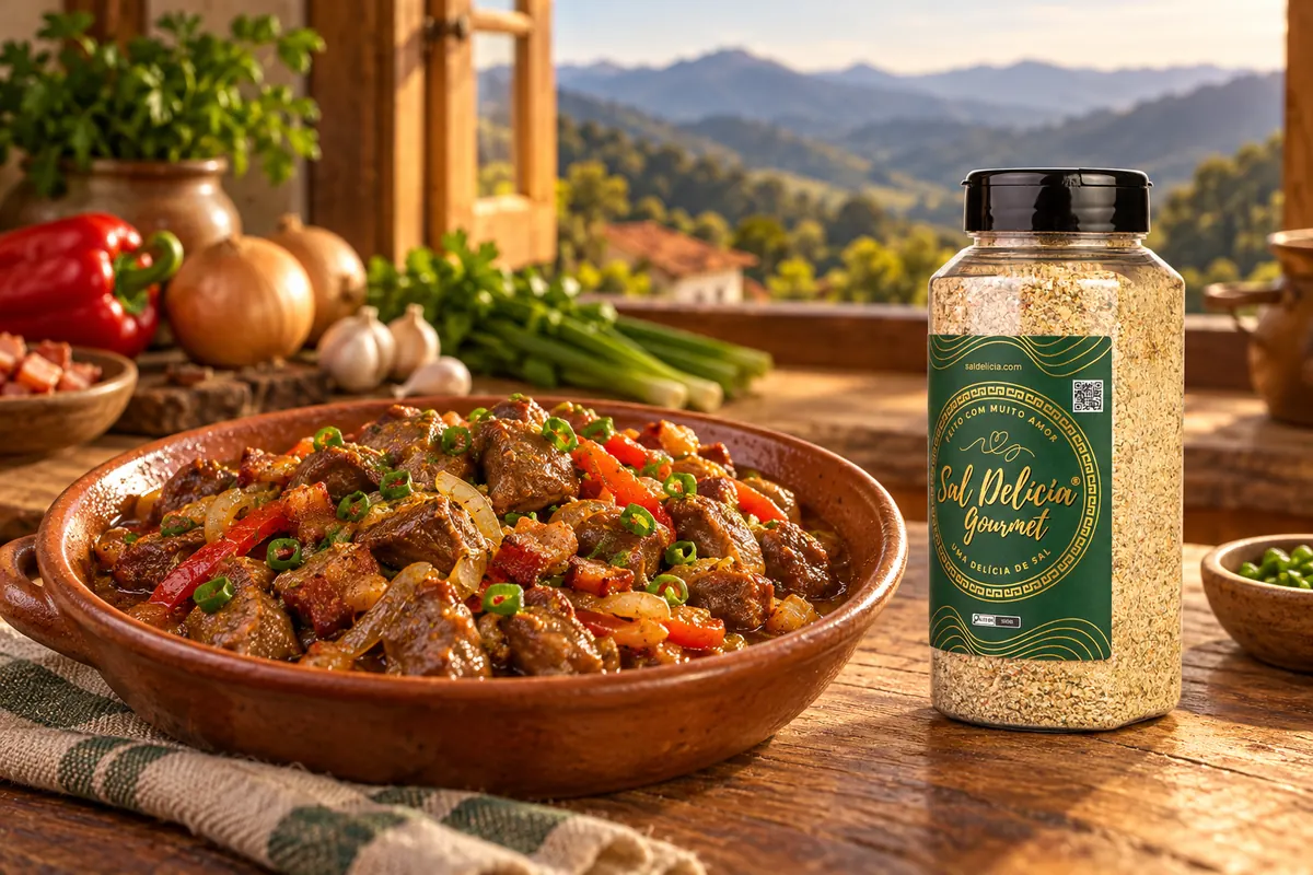 Imagem ilustrativa de moela de boteco com pimentão com o frasco de Sal Delícia Gourmet ao lado do prato.