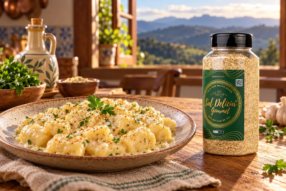 Imagem ilustrativa de nhoque de farinha na manteiga com parmesão com o frasco de Sal Delícia Gourmet ao lado do prato.