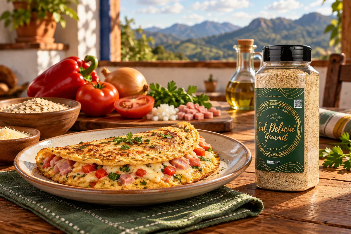 Imagem ilustrativa de omelete com aveia, pimentão e presunto com o frasco de Sal Delícia Gourmet ao lado do prato.
