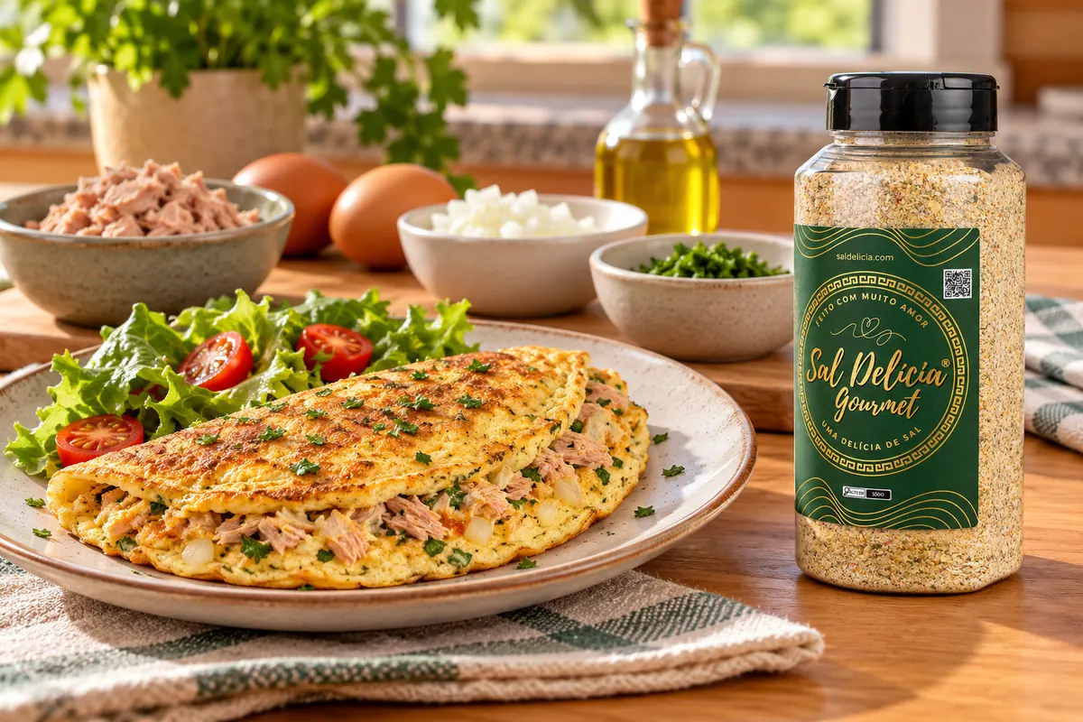 Imagem ilustrativa de omelete de atum com massa leve com o frasco de Sal Delícia Gourmet ao lado do prato.