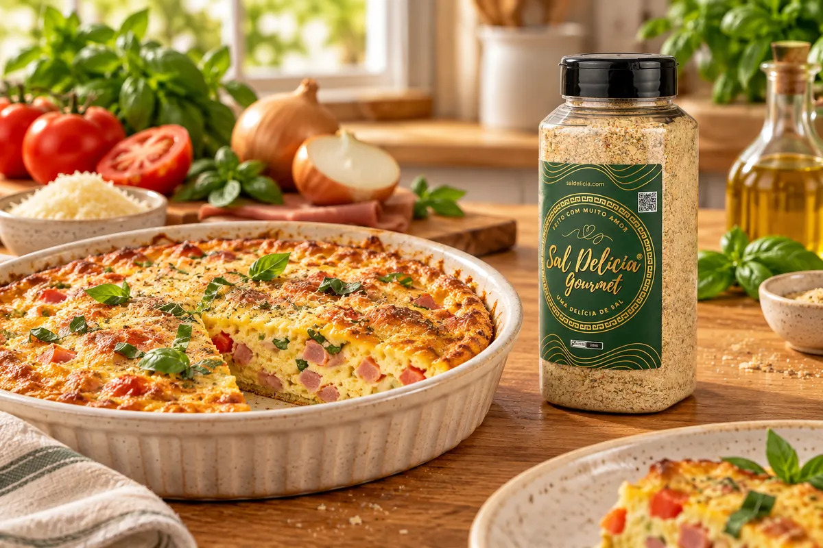 Imagem ilustrativa de omelete de forno com presunto e manjericão com o frasco de Sal Delícia Gourmet ao lado do prato.