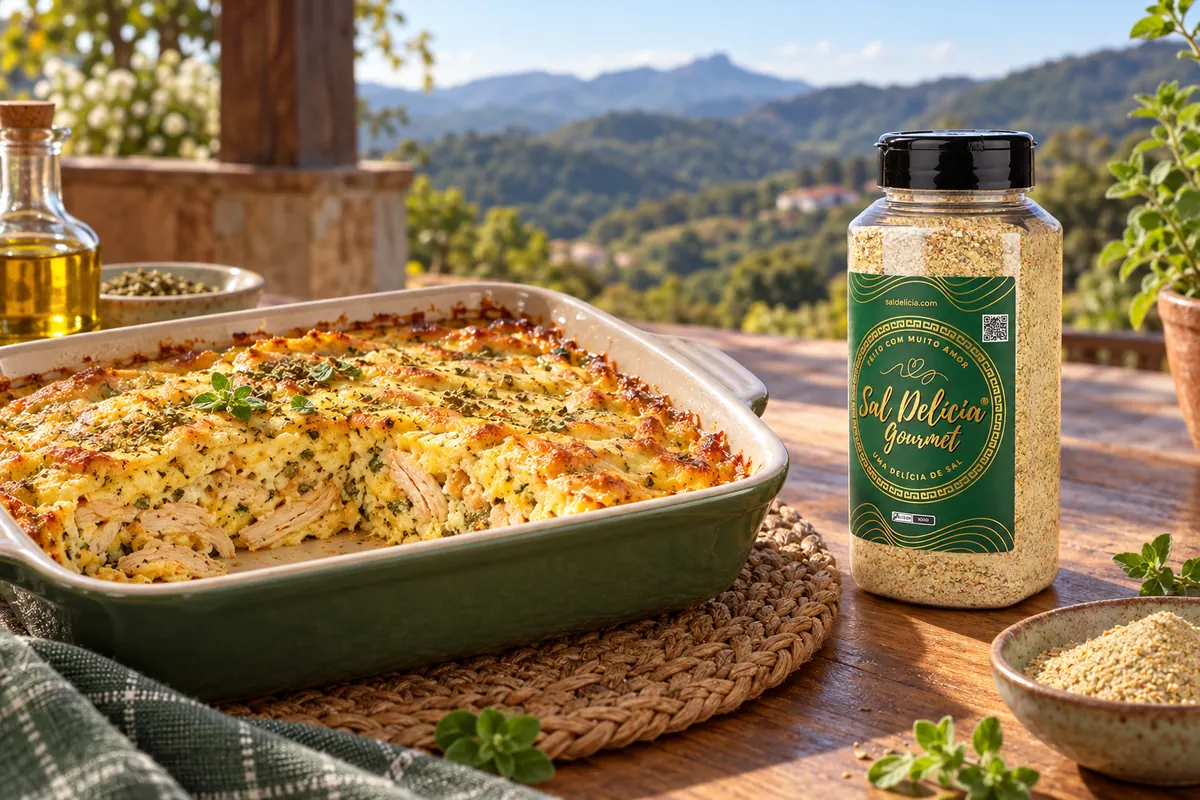 Imagem ilustrativa de omelete de forno com tiras de frango com o frasco de Sal Delícia Gourmet ao lado do prato.