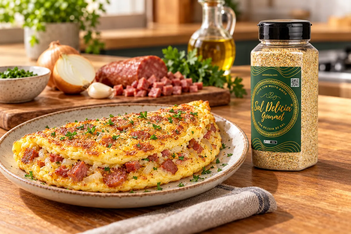 Imagem ilustrativa de omelete fofinha de calabresa com o frasco de Sal Delícia Gourmet ao lado do prato.