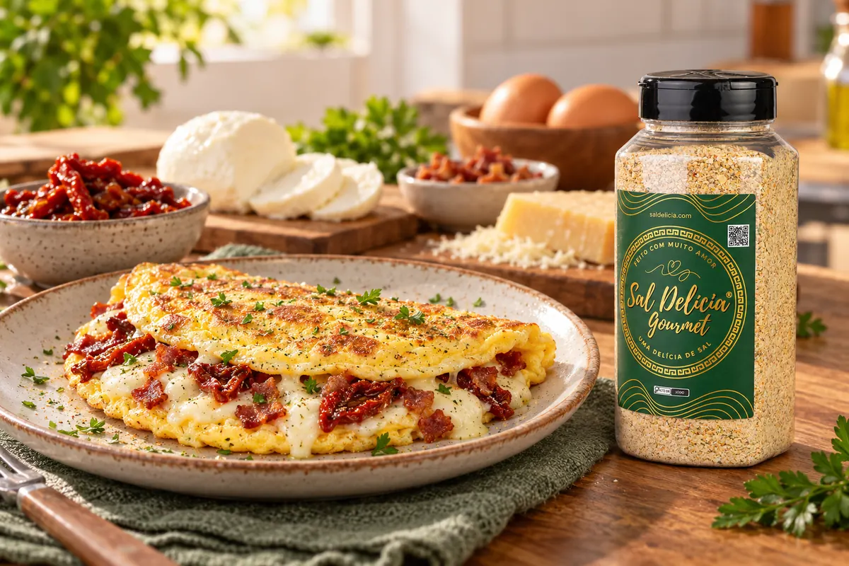 Imagem ilustrativa de omelete recheada de tomate seco e muçarela de búfala com o frasco de Sal Delícia Gourmet ao lado do prato.