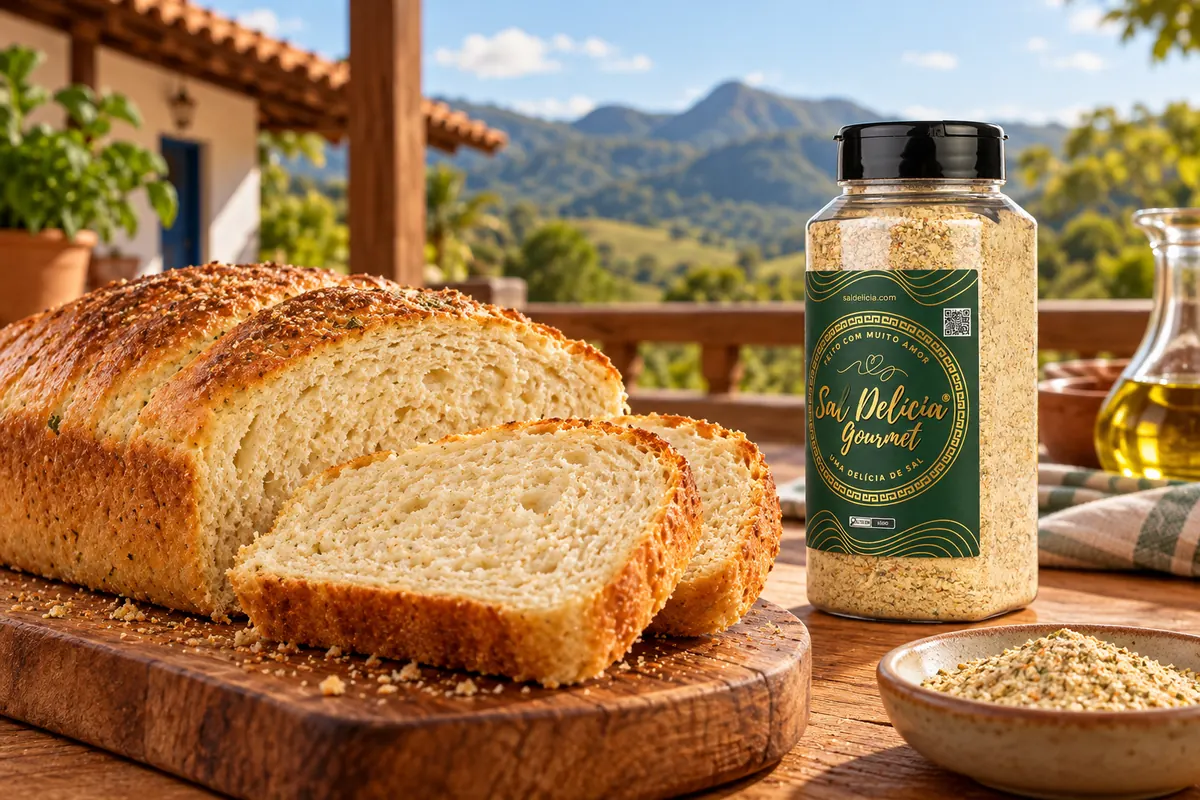 Imagem ilustrativa de pão caseiro salgado de massa macia com o frasco de Sal Delícia Gourmet ao lado do prato.