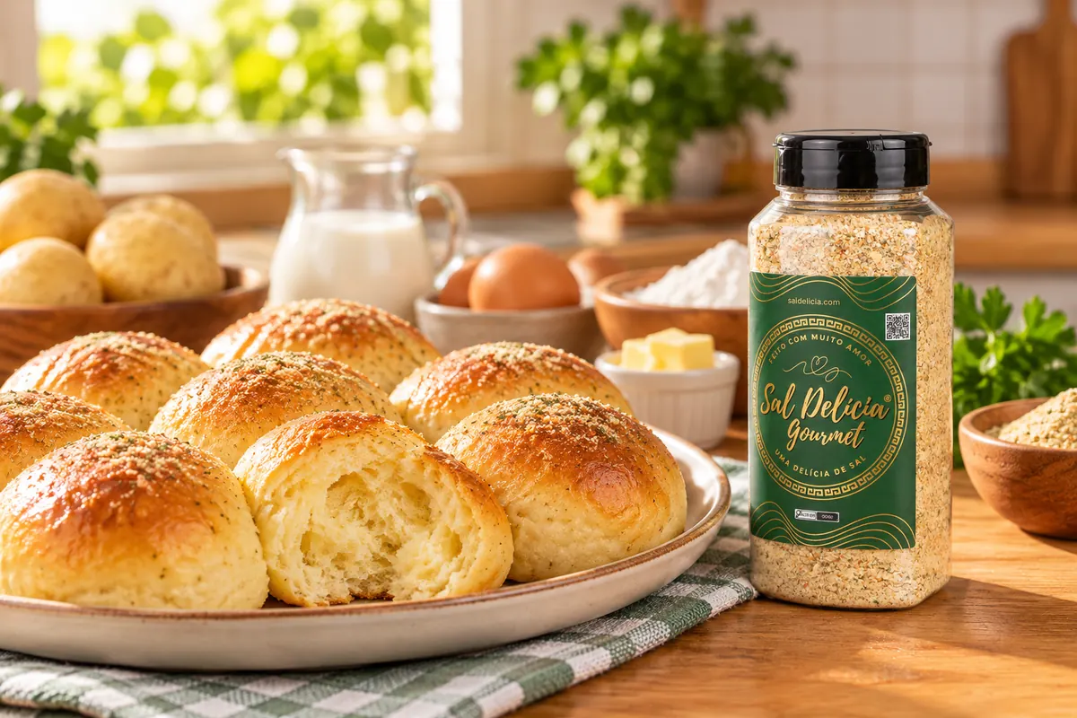 Imagem ilustrativa de pão de batata para lanche salgado com o frasco de Sal Delícia Gourmet ao lado do prato.