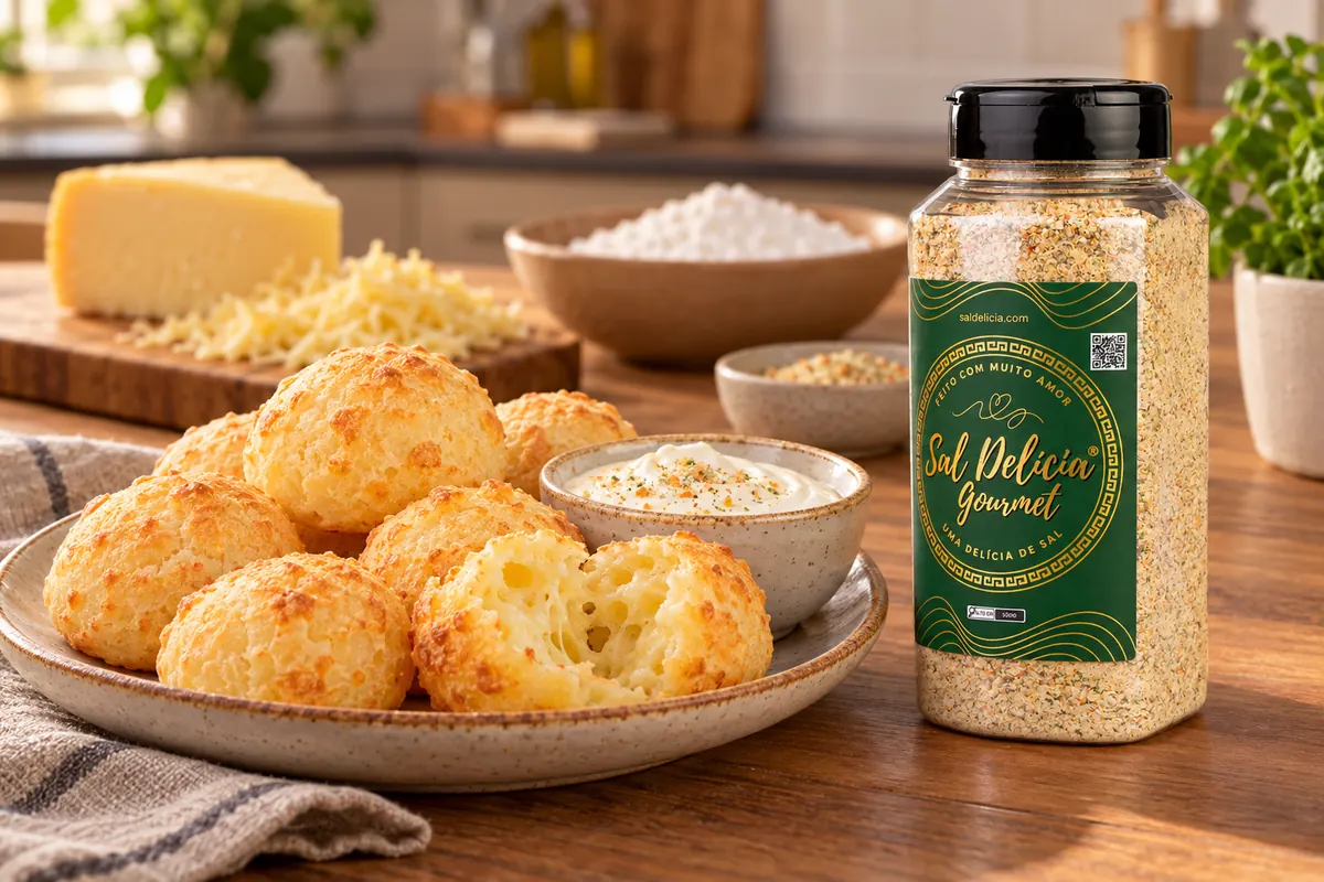 Imagem ilustrativa de pão de queijo com creme de leite com o frasco de Sal Delícia Gourmet ao lado do prato.