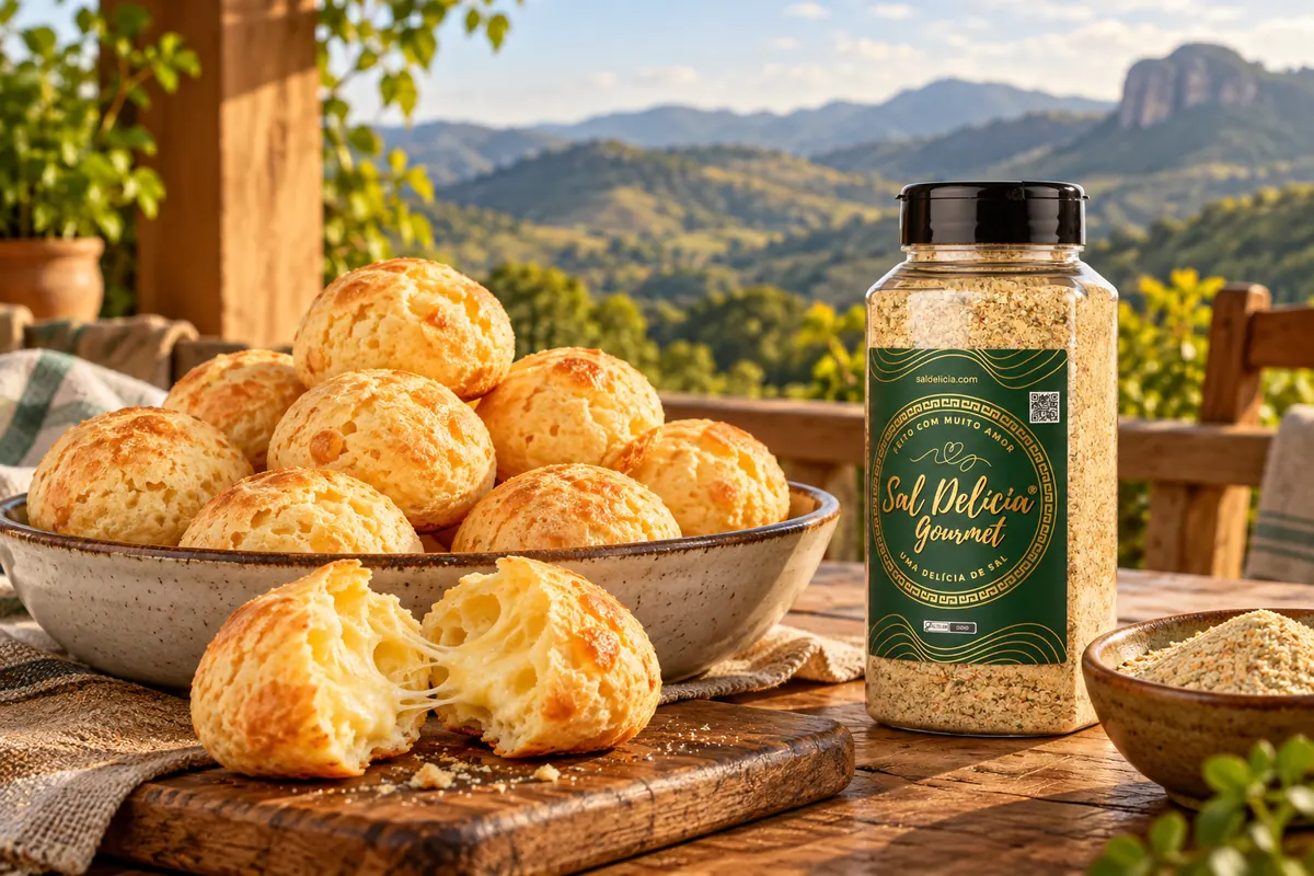 Imagem ilustrativa de pão de queijo mineiro com polvilho azedo com o frasco de Sal Delícia Gourmet ao lado do prato.