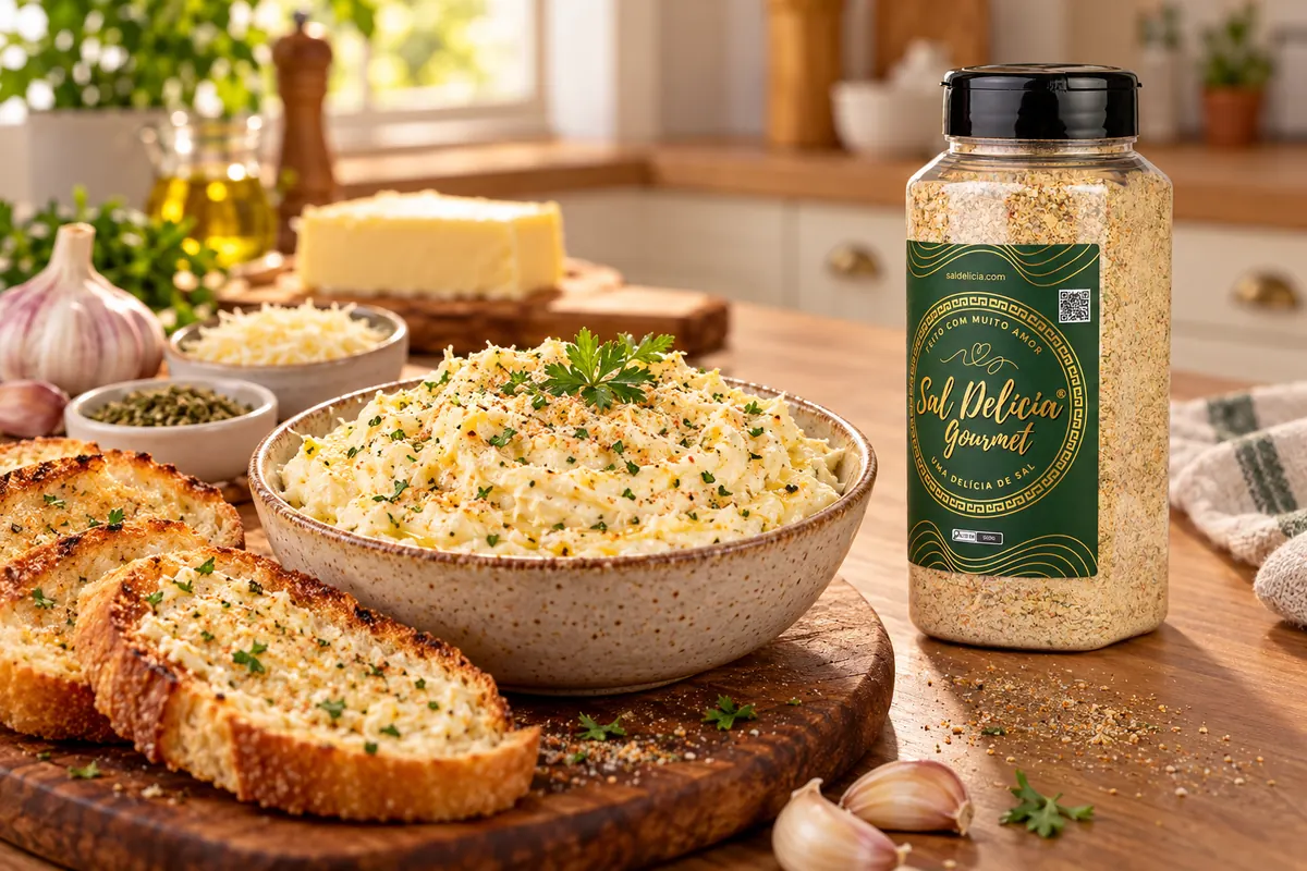 Imagem ilustrativa de pasta de alho com maionese para churrasco com o frasco de Sal Delícia Gourmet ao lado do prato.