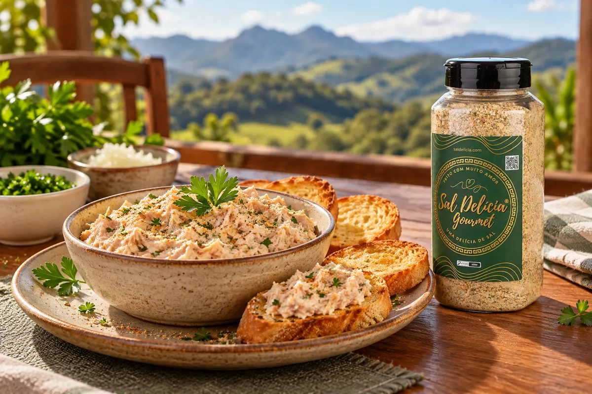 Imagem ilustrativa de patê de atum com cebola e salsa com o frasco de Sal Delícia Gourmet ao lado do prato.