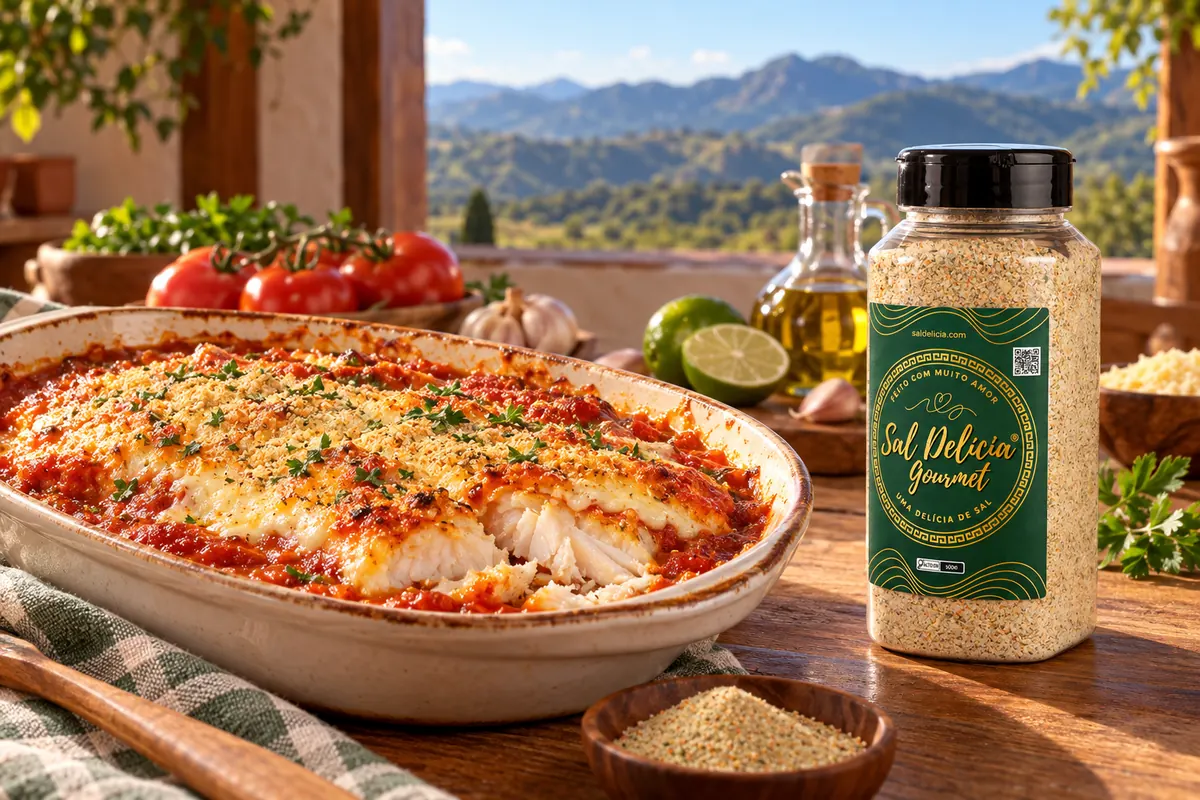 Imagem ilustrativa de peixe ao forno com requeijão e tomate com o frasco de Sal Delícia Gourmet ao lado do prato.