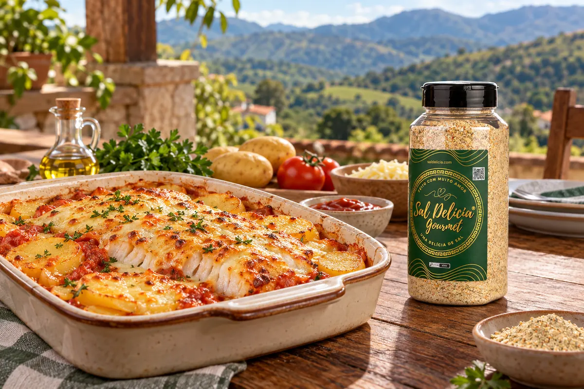 Imagem ilustrativa de peixe gratinado com batata e muçarela com o frasco de Sal Delícia Gourmet ao lado do prato.