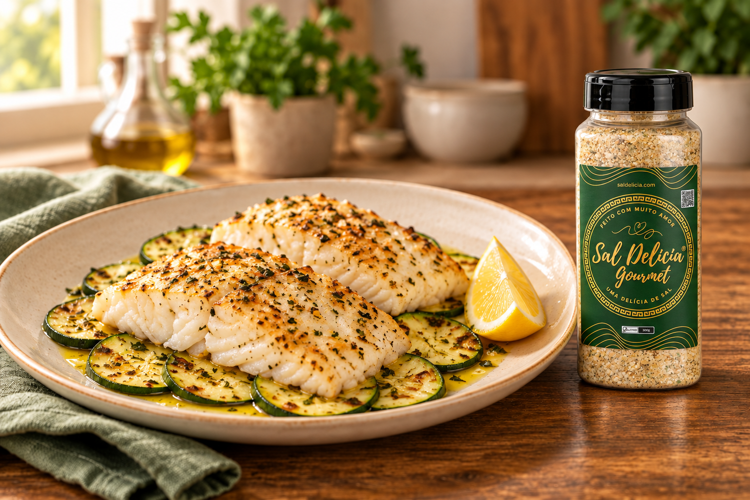 Ilustração do prato: Peixe assado com ervas e legumes