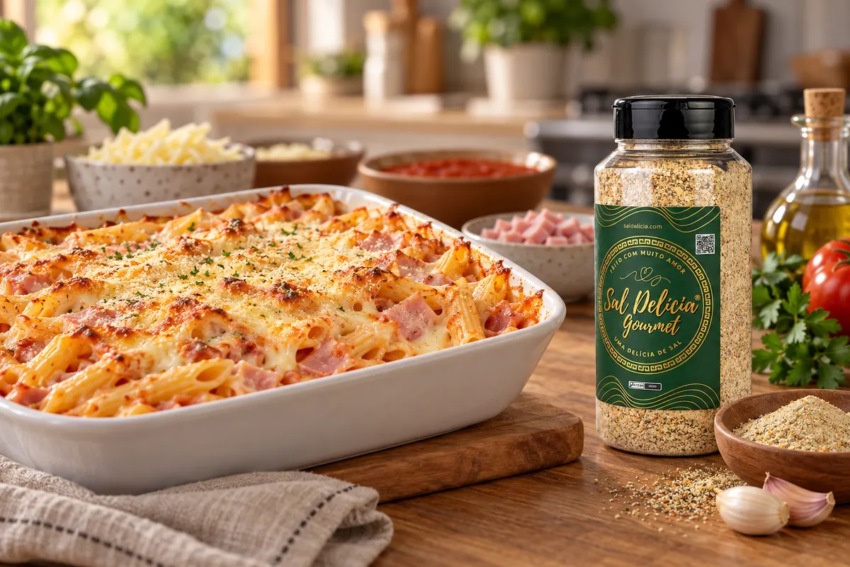 Imagem ilustrativa de penne gratinado com requeijão e presunto com o frasco de Sal Delícia Gourmet ao lado do prato.