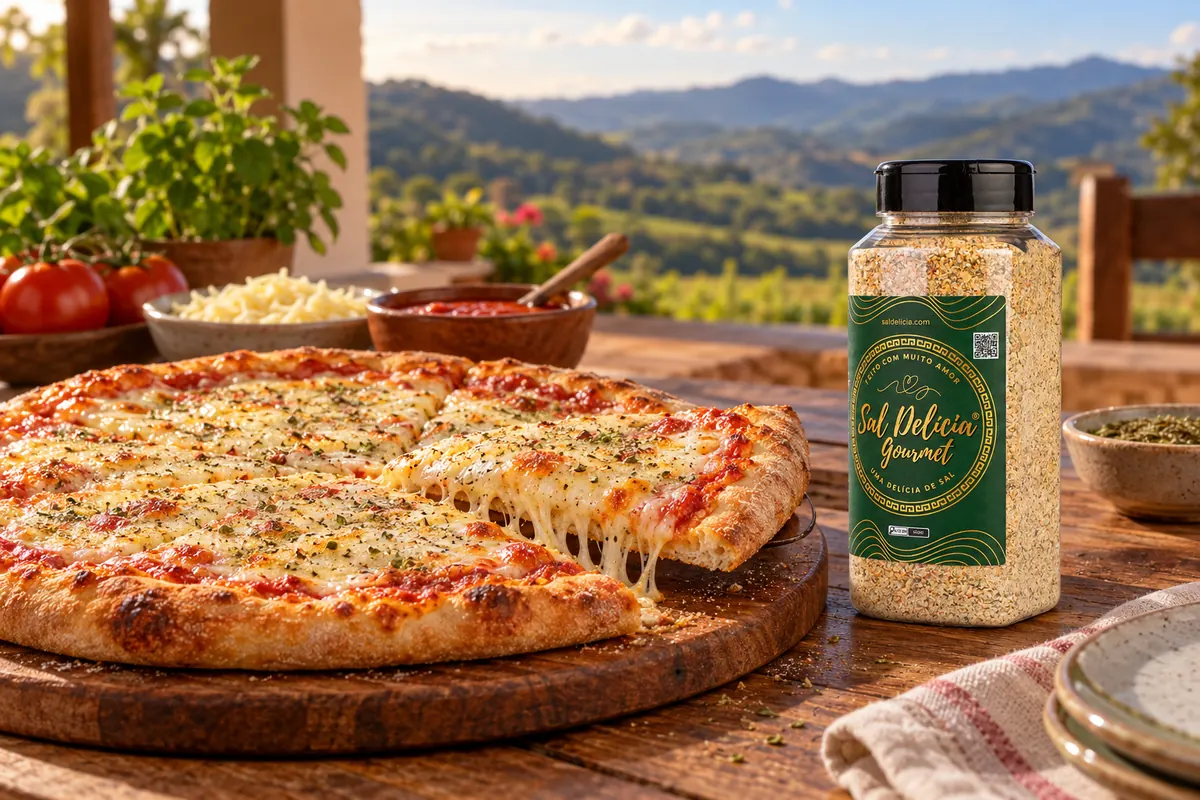 Imagem ilustrativa de pizza caseira de massa macia com muçarela com o frasco de Sal Delícia Gourmet ao lado do prato.