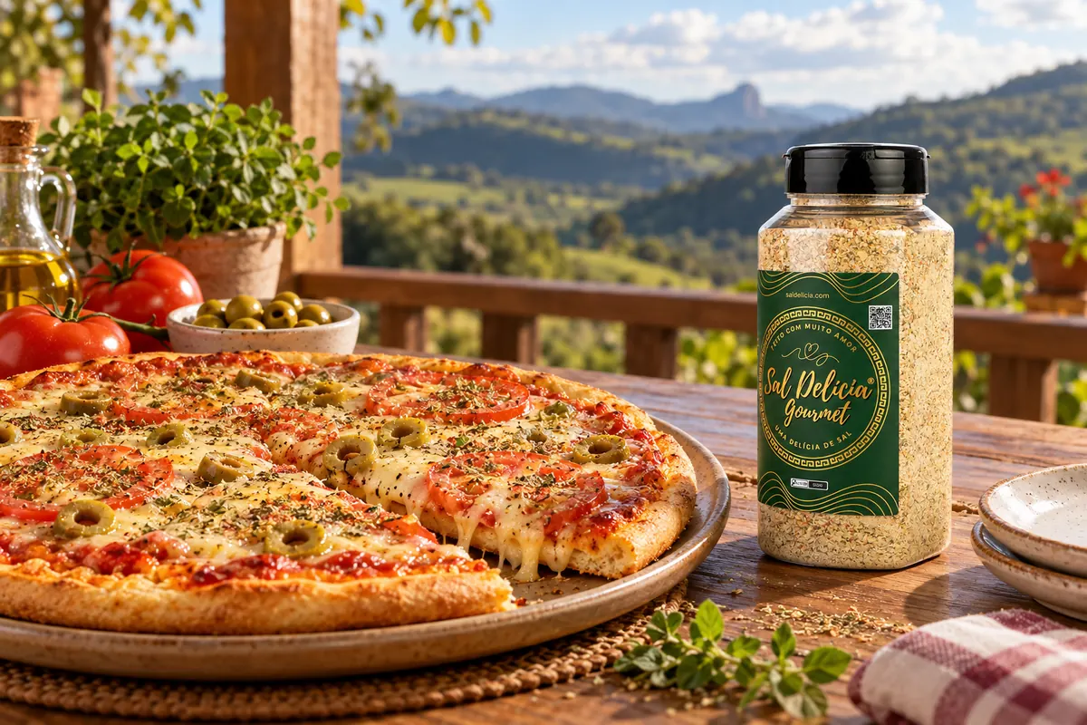 Imagem ilustrativa de pizza de liquidificador com tomate e muçarela com o frasco de Sal Delícia Gourmet ao lado do prato.