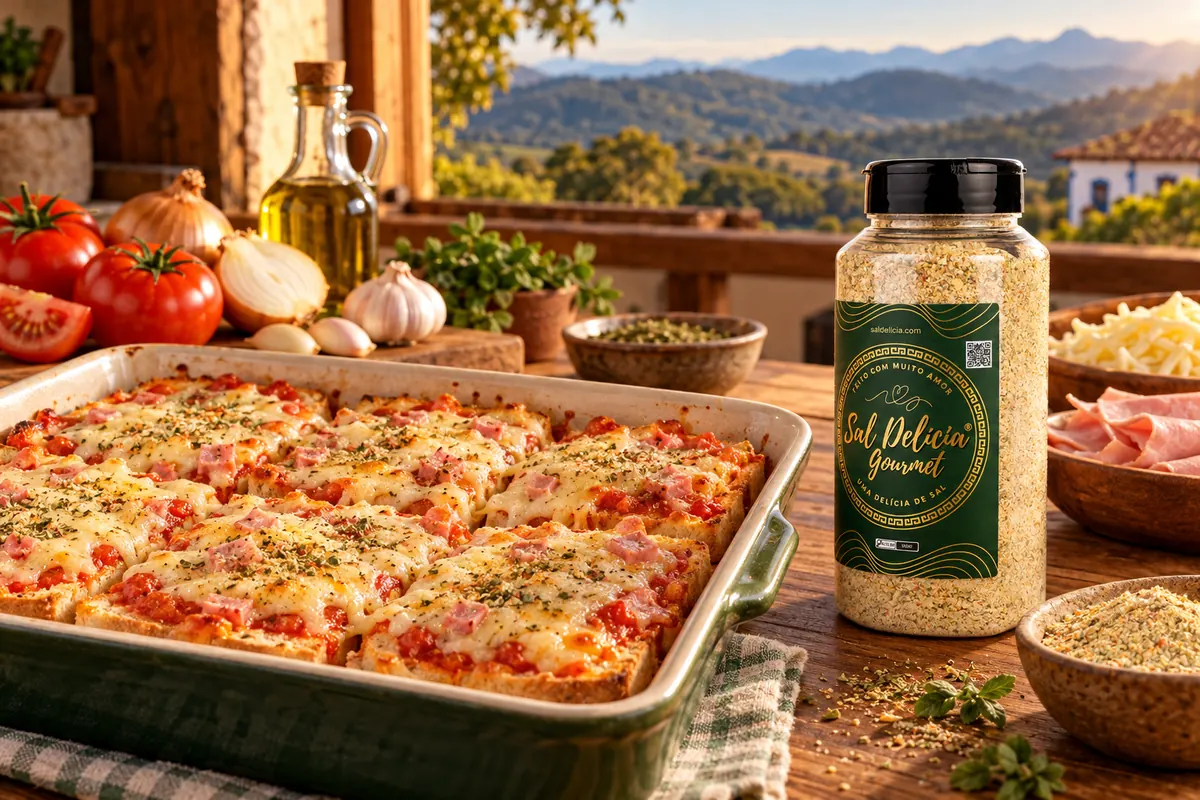 Imagem ilustrativa de pizza de pão de forma com molho caseiro com o frasco de Sal Delícia Gourmet ao lado do prato.