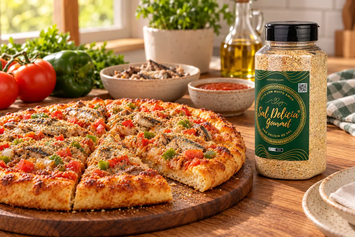 Imagem ilustrativa de pizza de sardinha com massa de fermento químico com o frasco de Sal Delícia Gourmet ao lado do prato.