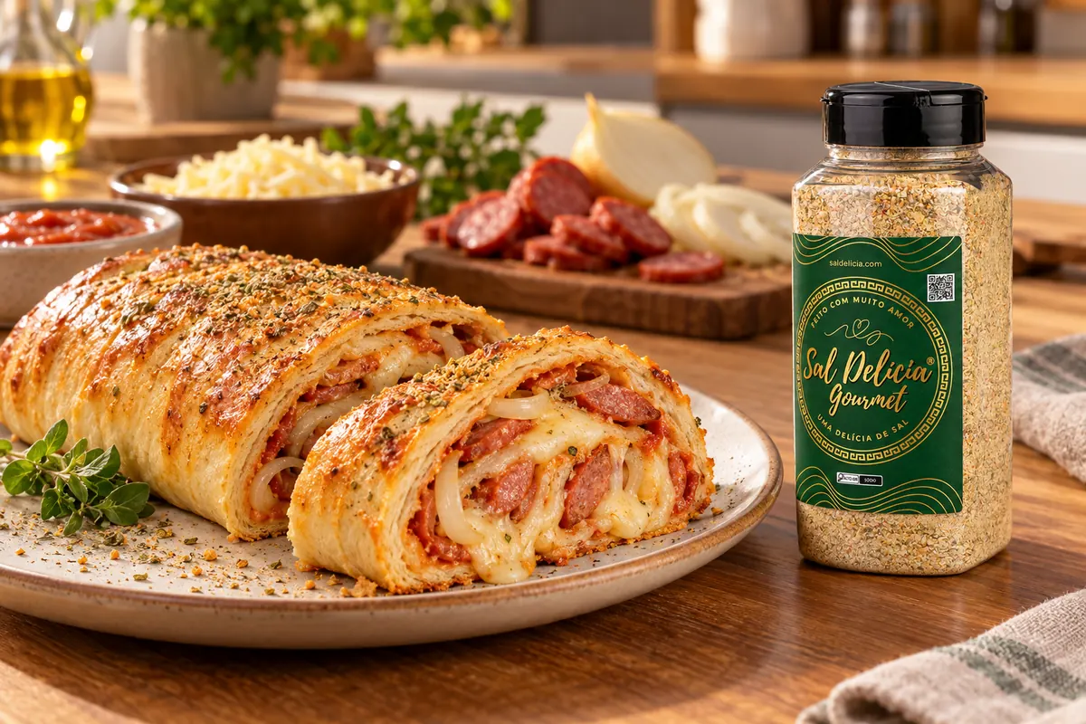 Imagem ilustrativa de pizza enrolada com calabresa e cebola com o frasco de Sal Delícia Gourmet ao lado do prato.