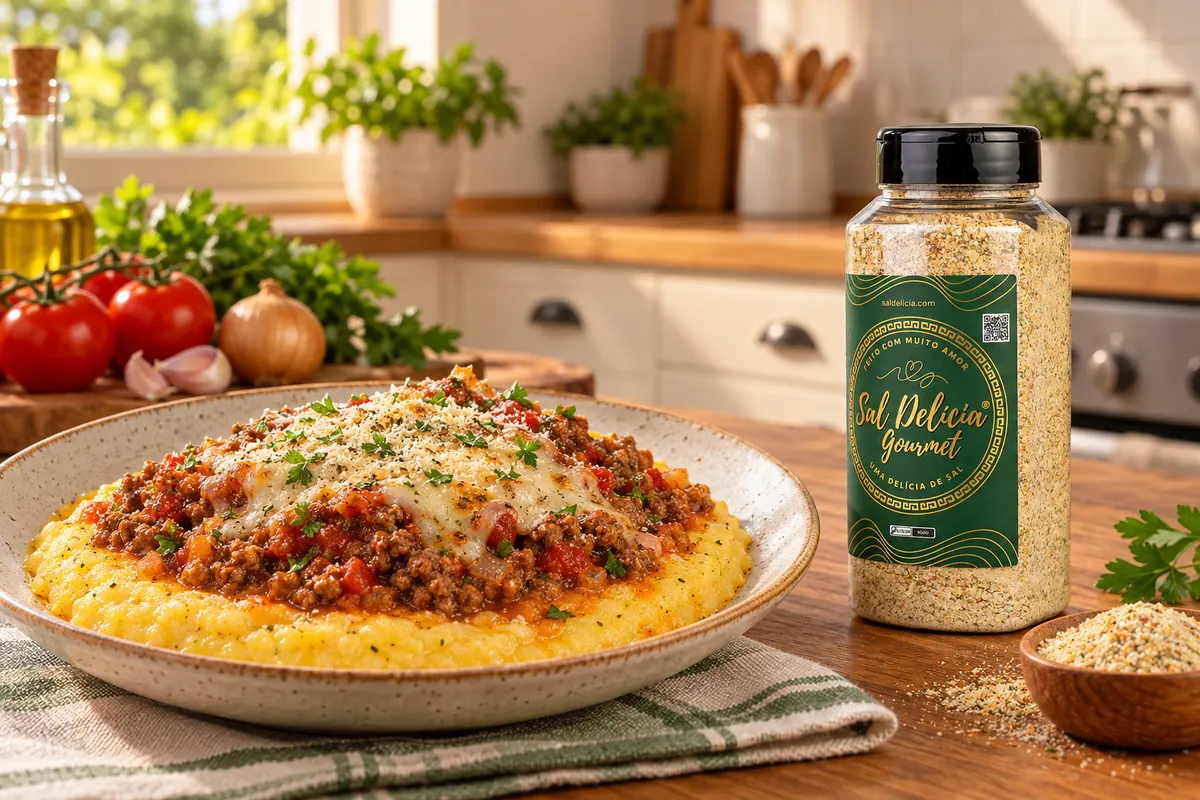 Imagem ilustrativa de polenta gratinada com carne moída e muçarela com o frasco de Sal Delícia Gourmet ao lado do prato.
