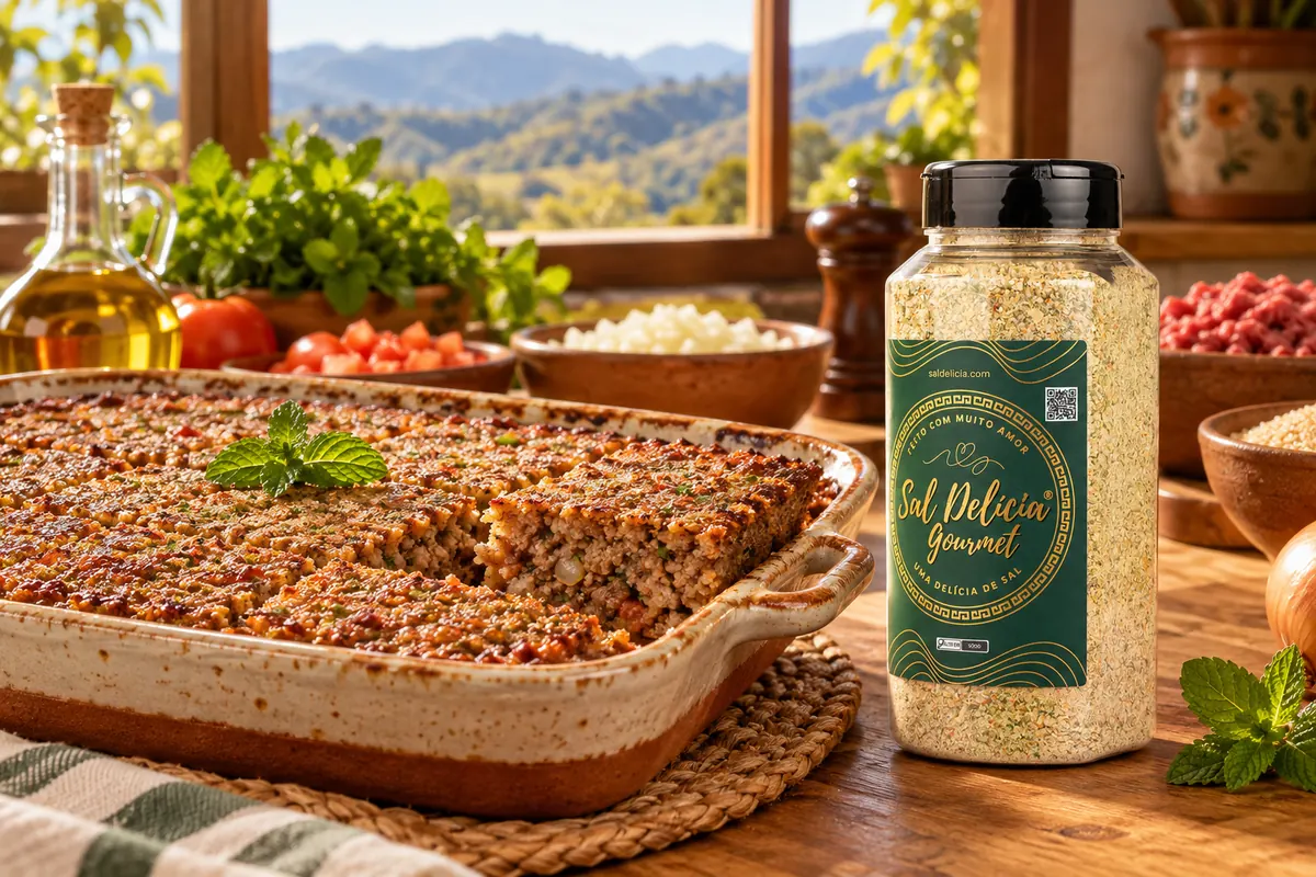 Imagem ilustrativa de quibe de forno com tomate e hortelã com o frasco de Sal Delícia Gourmet ao lado do prato.