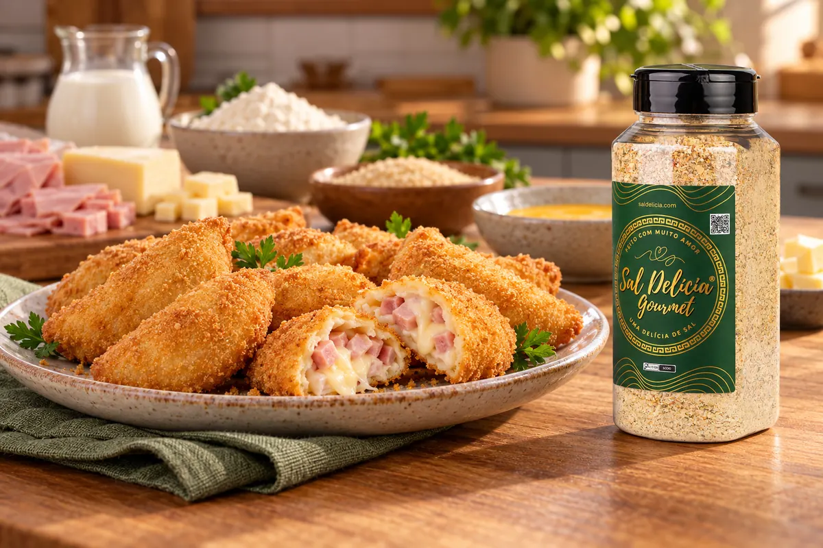 Imagem ilustrativa de risoles de presunto e queijo com o frasco de Sal Delícia Gourmet ao lado do prato.
