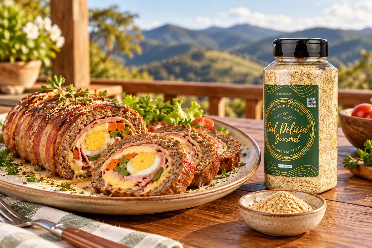 Imagem ilustrativa de rocambole de carne com ovo e legumes com o frasco de Sal Delícia Gourmet ao lado do prato.