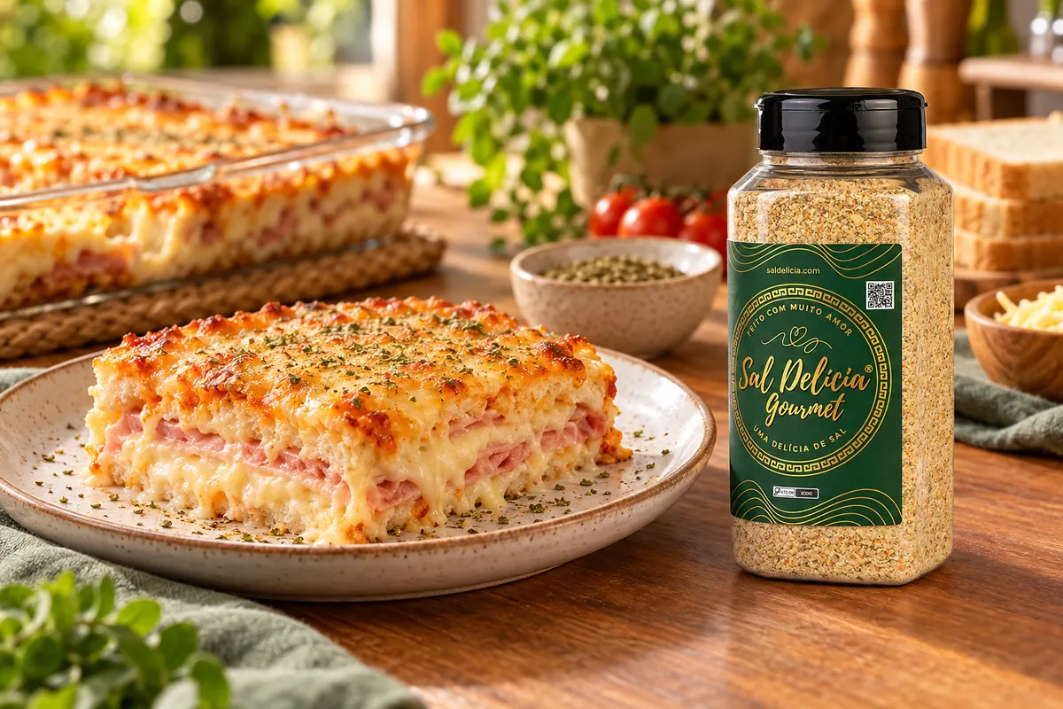 Imagem ilustrativa de sanduíche de forno com creme de cebola caseiro com o frasco de Sal Delícia Gourmet ao lado do prato.