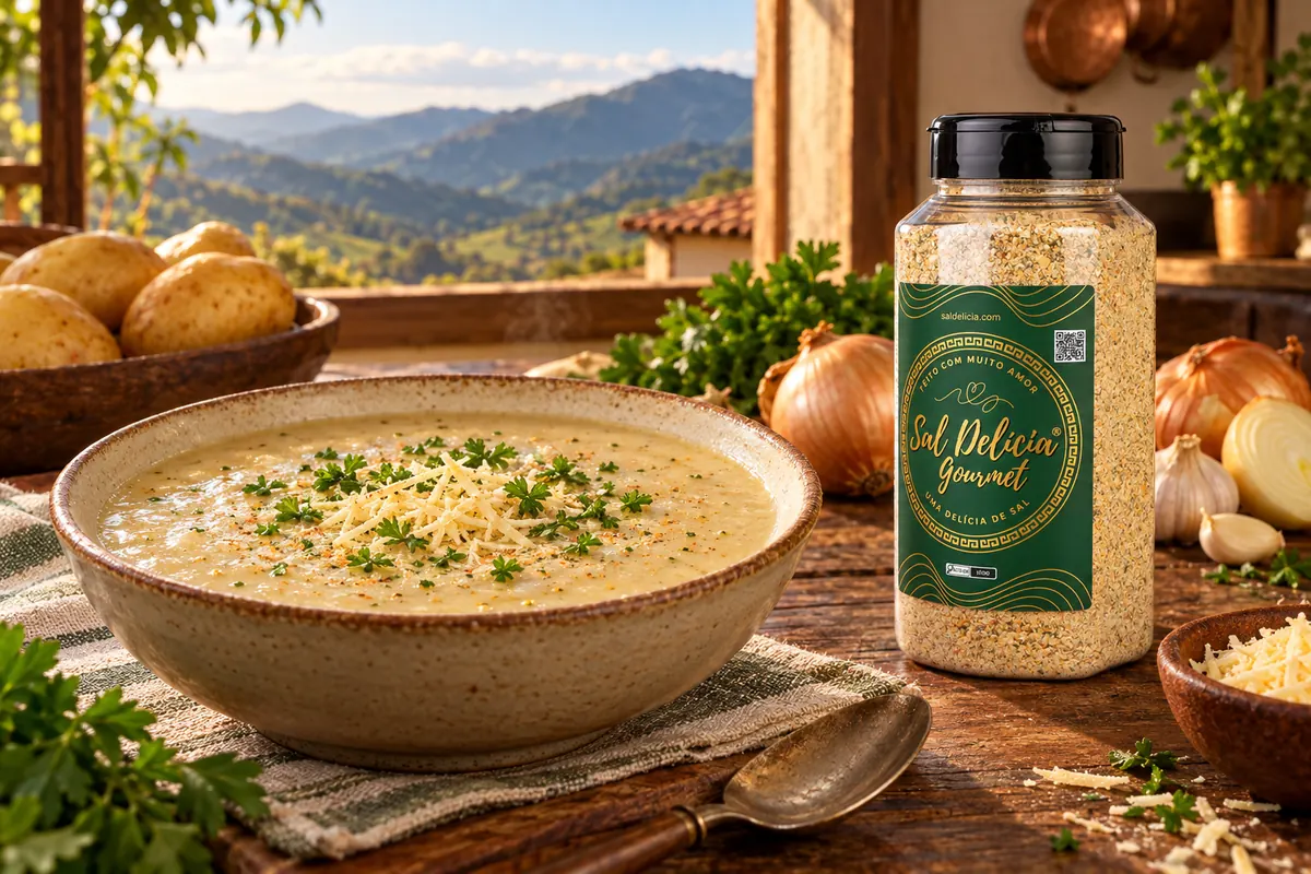 Imagem ilustrativa de sopa cremosa de cebola com batata com o frasco de Sal Delícia Gourmet ao lado do prato.
