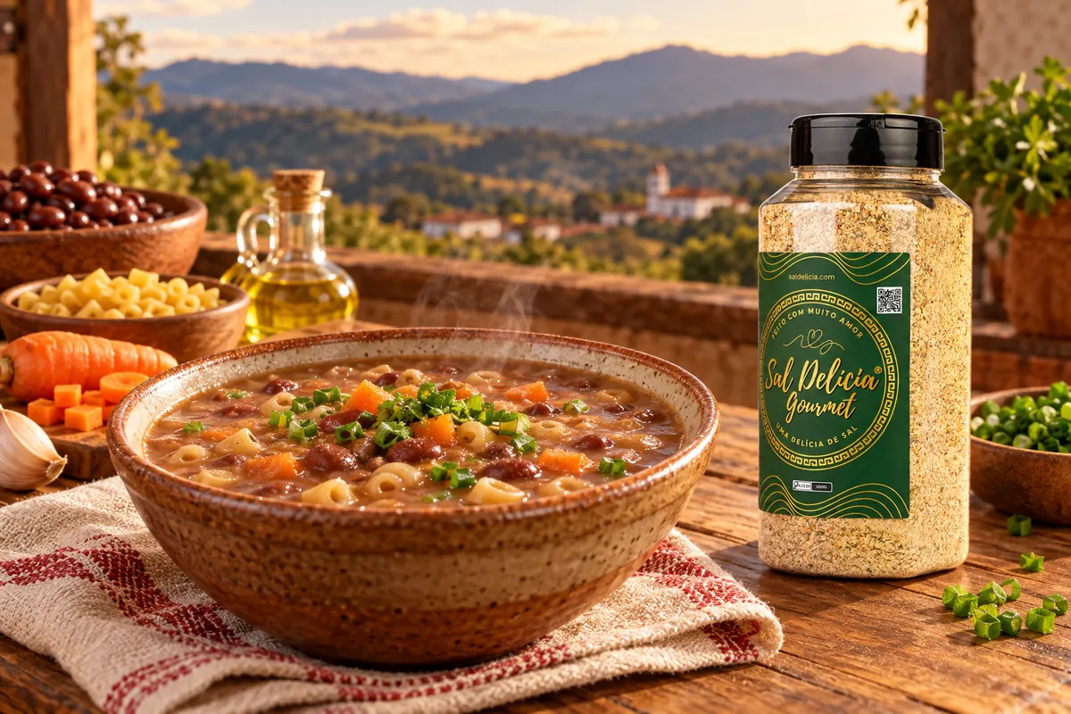 Imagem ilustrativa de sopa de feijão com macarrão e cenoura com o frasco de Sal Delícia Gourmet ao lado do prato.