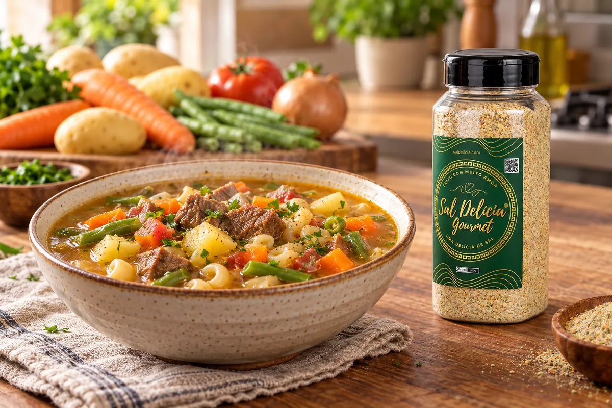 Imagem ilustrativa de sopa de músculo com legumes e macarrão com o frasco de Sal Delícia Gourmet ao lado do prato.