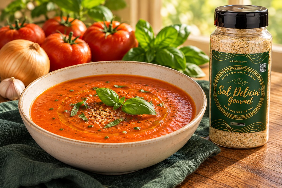 Ilustração do prato: Sopa de tomate com manjericão
