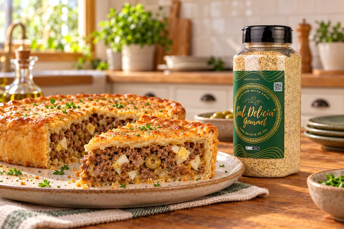 Imagem ilustrativa de torta de carne com ovo e azeitonas com o frasco de Sal Delícia Gourmet ao lado do prato.