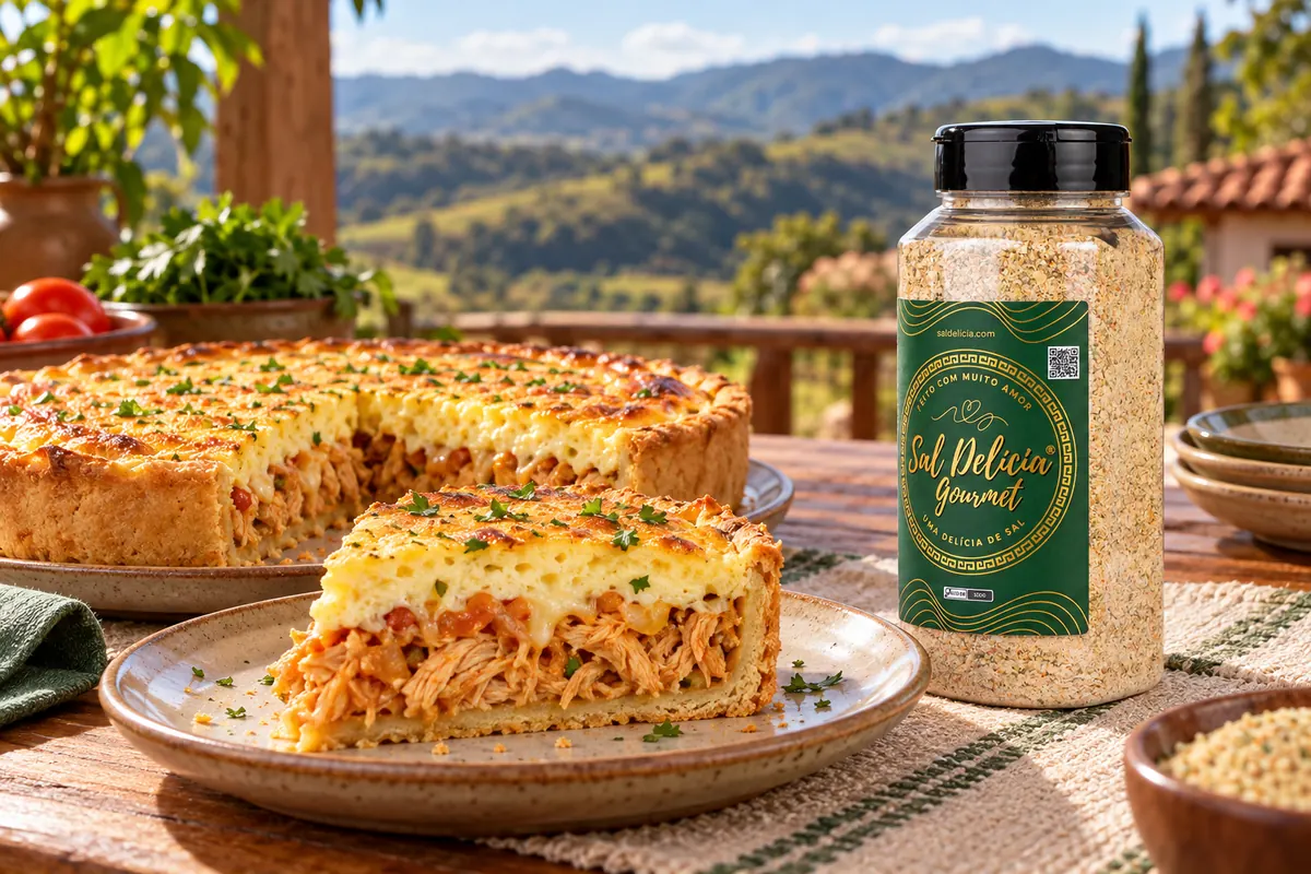 Imagem ilustrativa de torta de frango com cobertura aerada de ovos com o frasco de Sal Delícia Gourmet ao lado do prato.