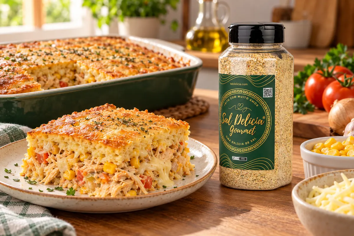 Imagem ilustrativa de torta de frango com creme de leite, milho e muçarela com o frasco de Sal Delícia Gourmet ao lado do prato.