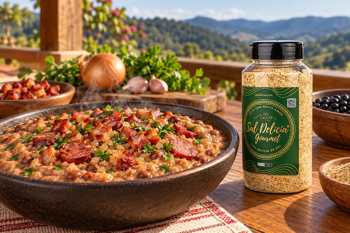 Imagem ilustrativa de tutu de feijão com bacon e calabresa com o frasco de Sal Delícia Gourmet ao lado do prato.